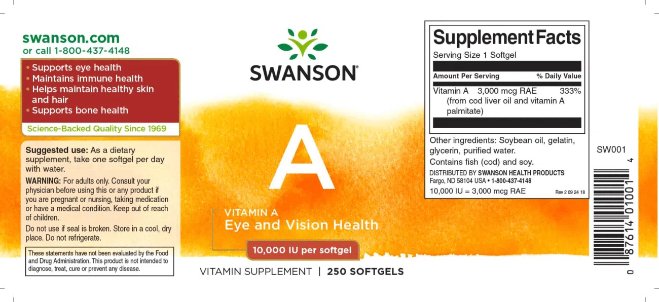 Swanson A-10000 vitamin gélkapszula - 250db 2 Swanson A-10000 vitamin gélkapszula - 250db - Image 2