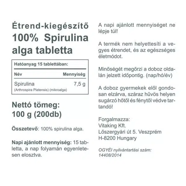 Vitaking 100% Spirulina alga tabletta - 200db 2 Vitaking 100% Spirulina alga tabletta - 200db - Image 2