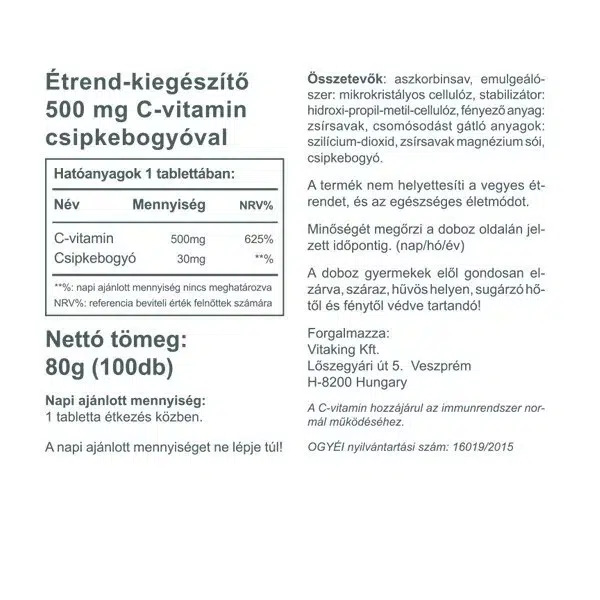 Vitaking 500mg C-vitamint és csipkebogyót tartalmazó tabletta - 100db 3 Vitaking 500mg C-vitamint és csipkebogyót tartalmazó tabletta - 100db - Image 3