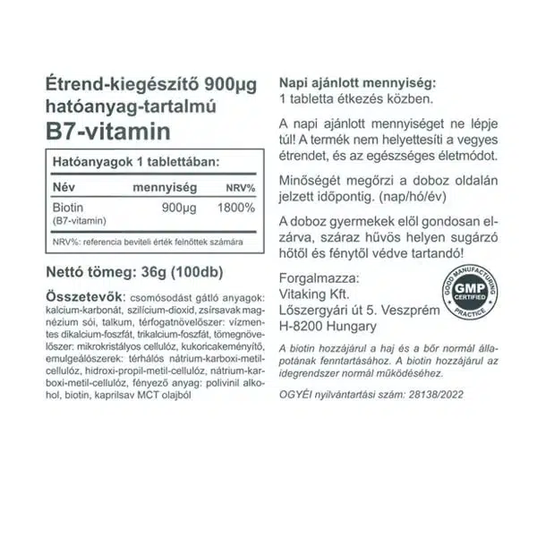 Vitaking Biotin 900mcg tabletta - 100db 2 Vitaking Biotin 900mcg tabletta - 100db - Image 2