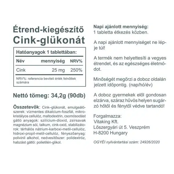 Vitaking Cink Gluconate 25mg tabletta - 90db 3 Vitaking Cink Gluconate 25mg tabletta - 90db - Image 3