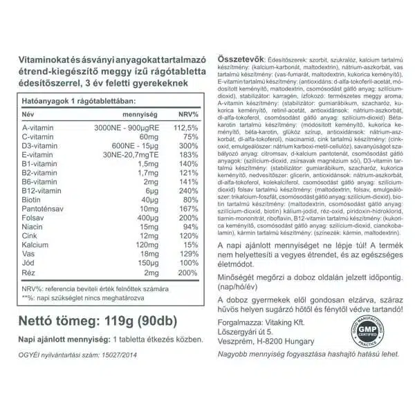 Vitaking Gyerek Multivitamin meggyes rágótabletta - 90db 3 Vitaking Gyerek Multivitamin meggyes rágótabletta - 90db - Image 3