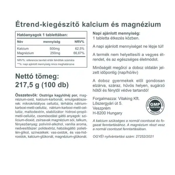 Vitaking Kalcium + Magnézium tabletta - 100db 2 Vitaking Kalcium + Magnézium tabletta - 100db - Image 2
