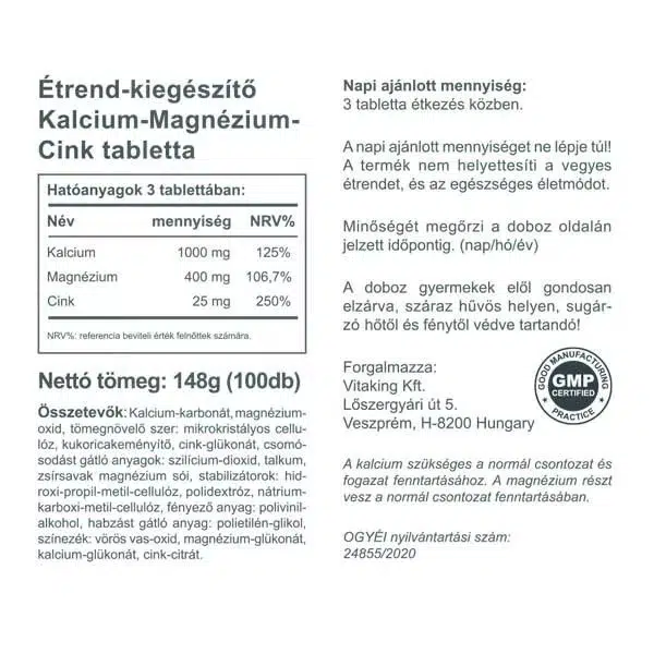 Vitaking Kalcium + Magnézium + Cink tabletta - 100db 3 Vitaking Kalcium + Magnézium + Cink tabletta - 100db - Image 3