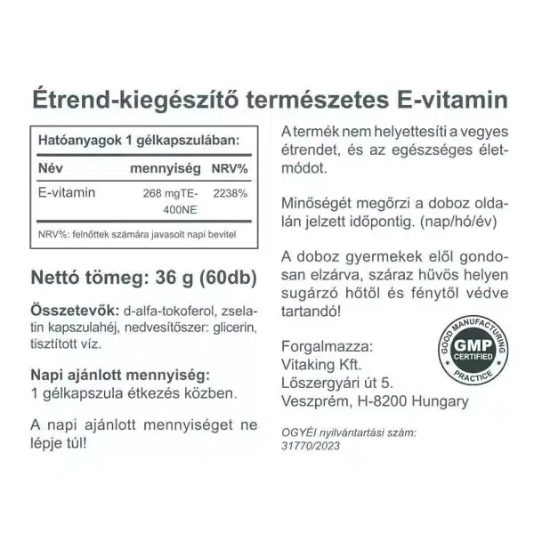 Vitaking E-400 vitamin gélkapszula - 60db 2 Vitaking E-400 vitamin gélkapszula - 60db - Image 2
