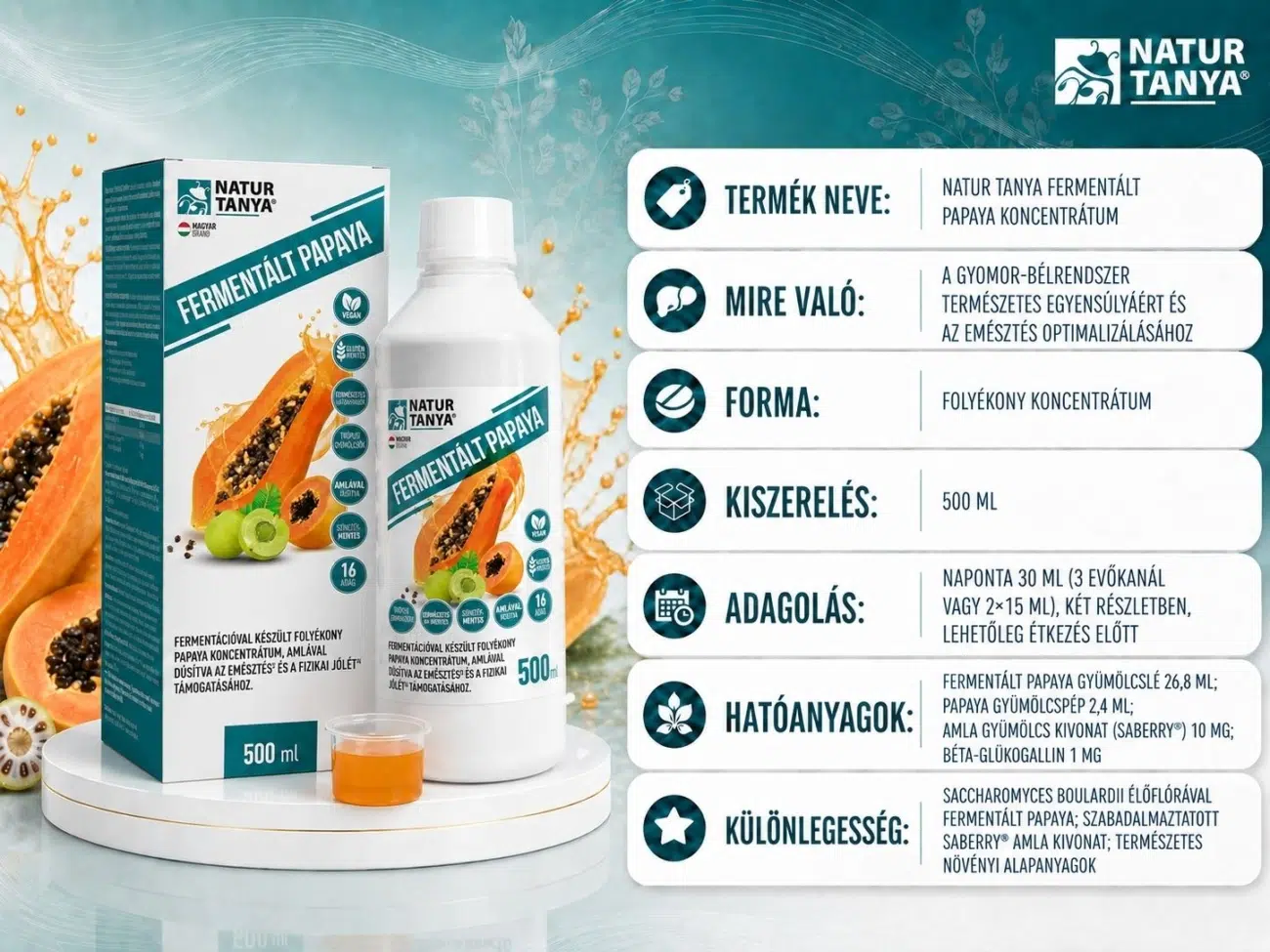 Natur Tanya Fermentált Papaya koncentrátum 500ml termékinformáció kártya, adagolás, összetevők, hatóanyagok, 26,8 ml fermentált papaya gyümölcslé, 10mg amla kivonat