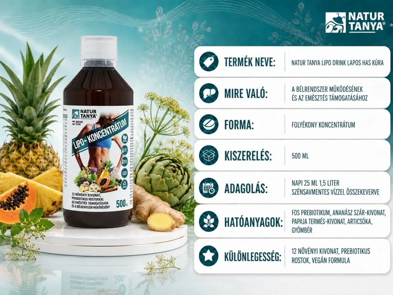 Natur Tanya Lipo Drink Lapos Has kúra 500ml, termékinformáció kártya, adagolás, összetevők, hatóanyagok, prebiotikum, articsóka, gyömbér kivonat
