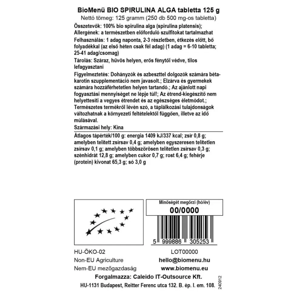 Biomenü bio spirulina algatabletta - 125g 2 Biomenü bio spirulina algatabletta - 125g - Image 2