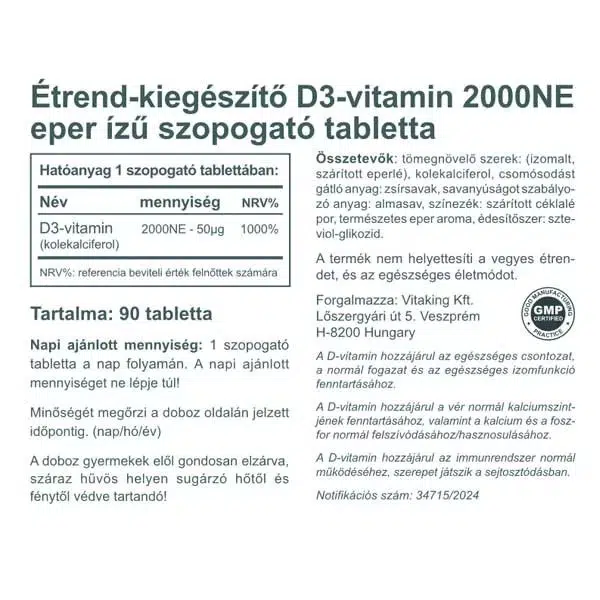 Vitaking D3-vitamin 2000NE epres ízű szopogató tabletta - 90db 2 Vitaking D3-vitamin 2000NE epres ízű szopogató tabletta - 90db - Image 2
