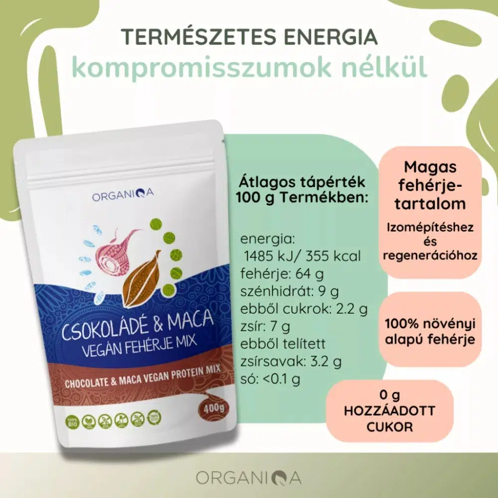Organiqa 100% bio csokoládé-maca vegán fehérje mix - 400g 4 Organiqa 100% bio csokoládé-maca vegán fehérje mix - 400g - Image 4