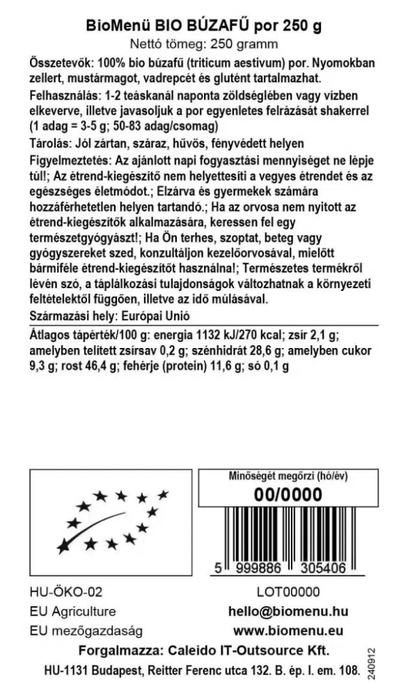 Biomenü Bio Búzafű por - 250g 2 Biomenü Bio Búzafű por - 250g - Image 2