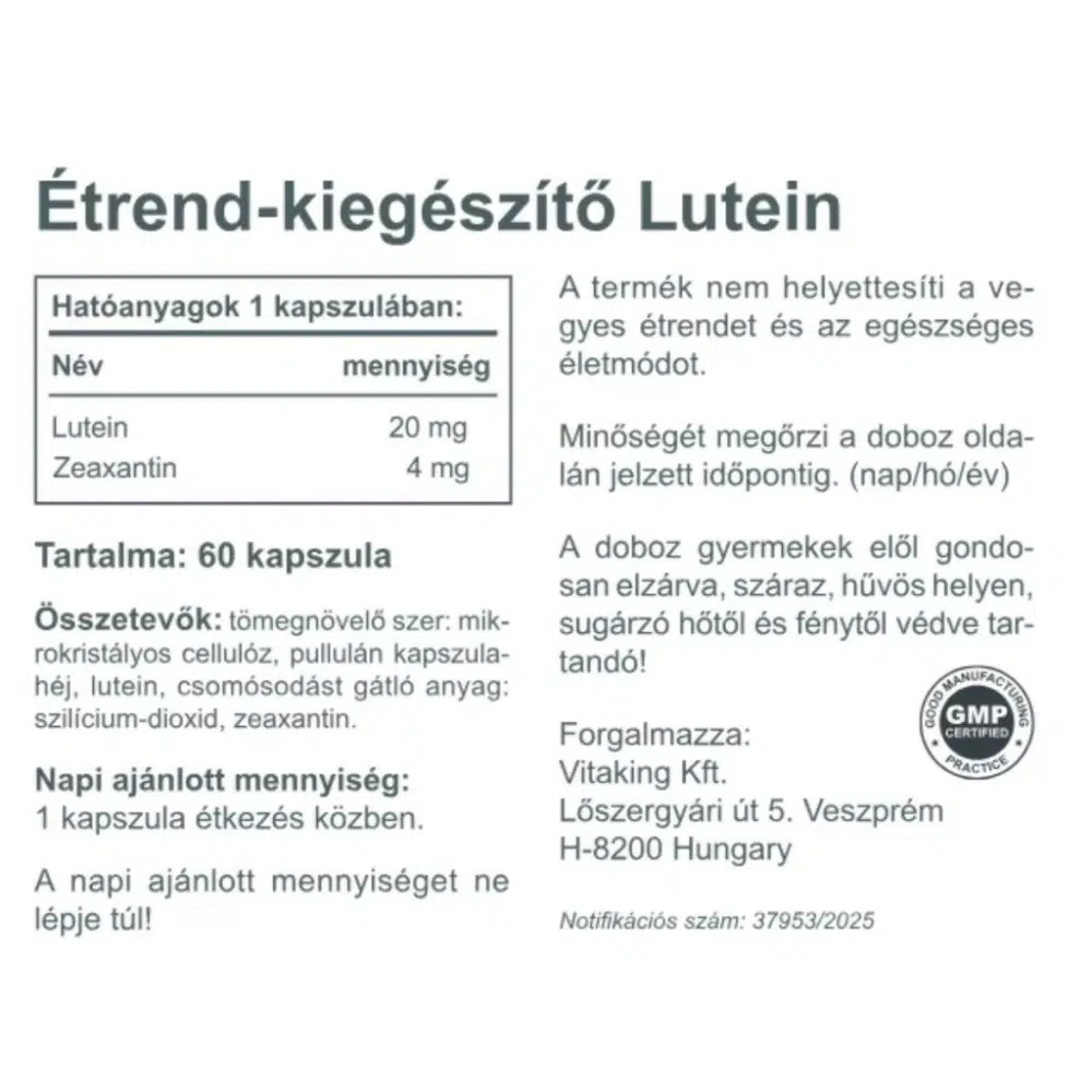 Vitaking Lutein 20 mg + Zeaxantin 4 mg bársonyvirágból - 60 db kapszula 2 Vitaking Lutein 20 mg + Zeaxantin 4 mg bársonyvirágból - 60 db kapszula - Image 2