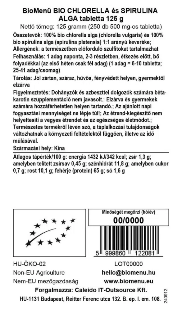 Biomenü Bio Chlorella és Spirulina algatabletta - 125g 2 Biomenü Bio Chlorella és Spirulina algatabletta - 125g - Image 2