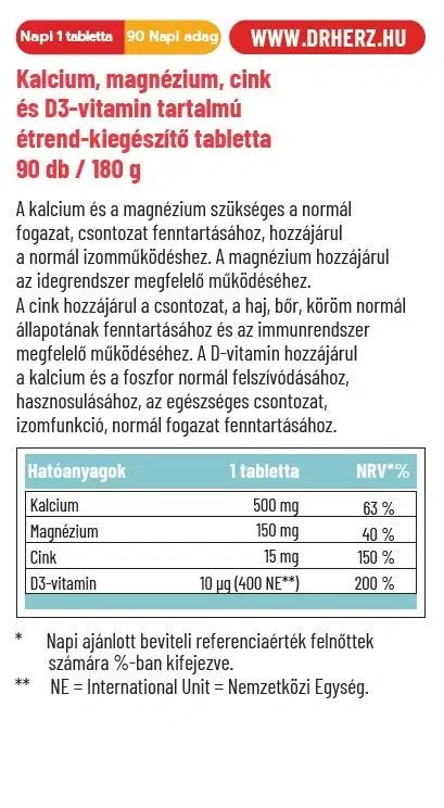 Dr. Herz Kalcium+Magnézium+Cink+D3-vitamin tabletta - 90db 2 Dr. Herz Kalcium+Magnézium+Cink+D3-vitamin tabletta - 90db - Image 2