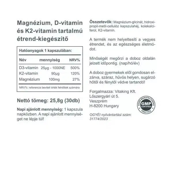 Vitaking Magne Trio Mg + K2 + D3-vitamin kapszula - 30db 3 Vitaking Magne Trio Mg + K2 + D3-vitamin kapszula - 30db - Image 3