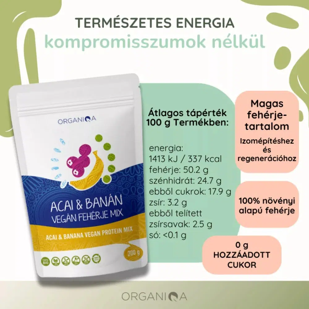 Organiqa 100% bio acai-banán vegán fehérje mix - 200g 4 Organiqa 100% bio acai-banán vegán fehérje mix - 200g - Image 4