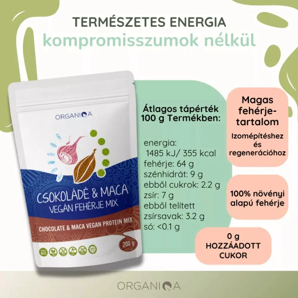 Organiqa 100% bio csokoládé-maca vegán fehérje mix - 200g 3 Organiqa 100% bio csokoládé-maca vegán fehérje mix - 200g - Image 3