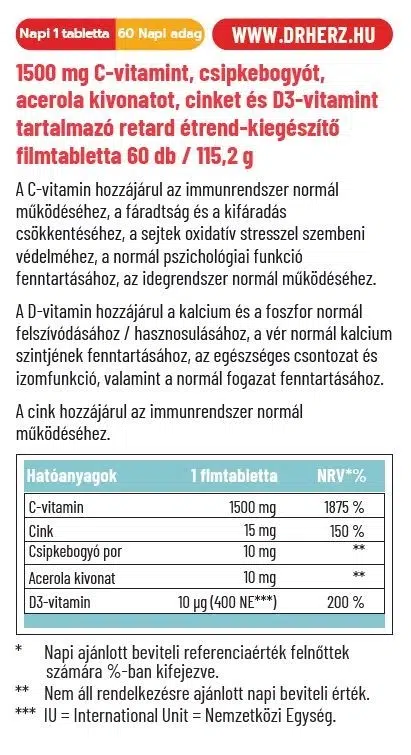 Dr. Herz C-vitamin 1500mg + D3+Cink RETARD filmtabletta – 60db 2 Dr. Herz C-vitamin 1500mg + D3+Cink RETARD filmtabletta – 60db - Image 2