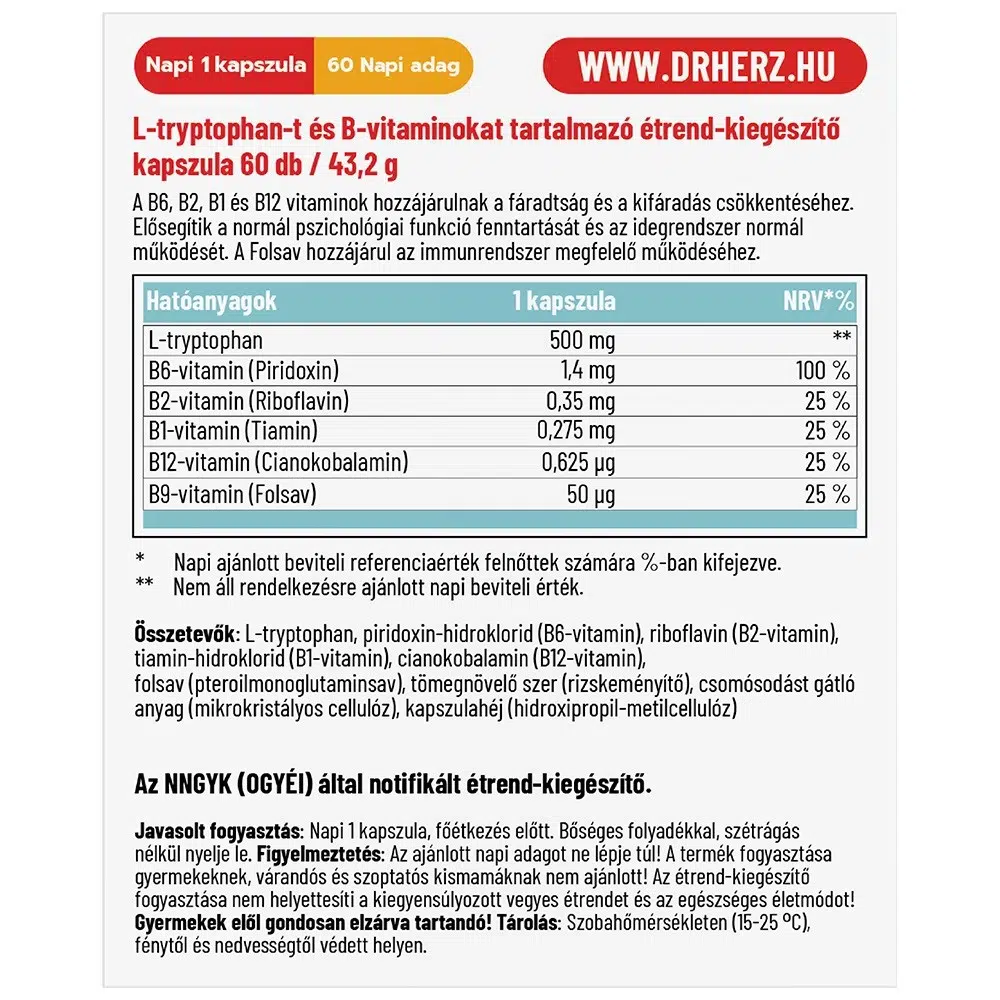 Dr. Herz L-Tryptophan+B-vitaminok kapszula - 60db 2 Dr. Herz L-Tryptophan+B-vitaminok kapszula - 60db - Image 2
