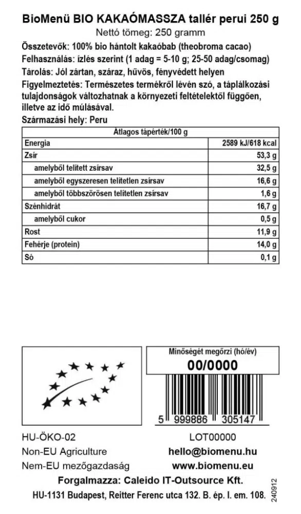 Biomenü bio perui kakaó massza tallér - 250g 2 Biomenü bio perui kakaó massza tallér - 250g - Image 2