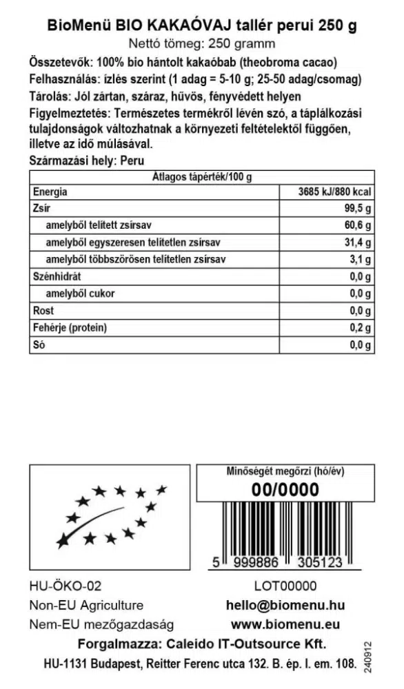 Biomenü bio perui kakaóvaj tallér - 250g 2 Biomenü bio perui kakaóvaj tallér - 250g - Image 2