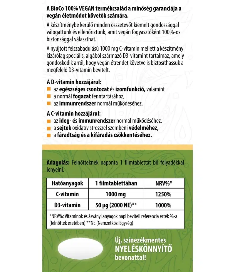 BioCo 100% VEGAN C+D Duo C-vitamin 1000mg+alga D3-vitamin RETARD filmtabletta - 90db 2 BioCo 100% VEGAN C+D Duo C-vitamin 1000mg+alga D3-vitamin RETARD filmtabletta - 90db - Image 2
