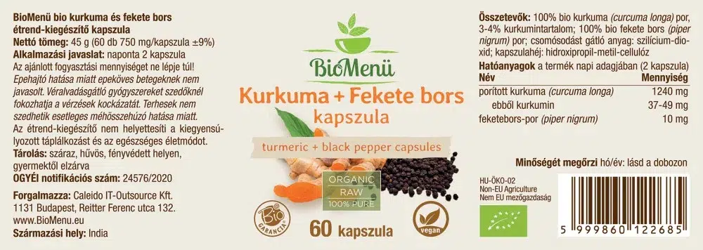 Biomenü Bio Kurkuma és Fekete bors kapszula - 60db 2 Biomenü Bio Kurkuma és Fekete bors kapszula - 60db - Image 2