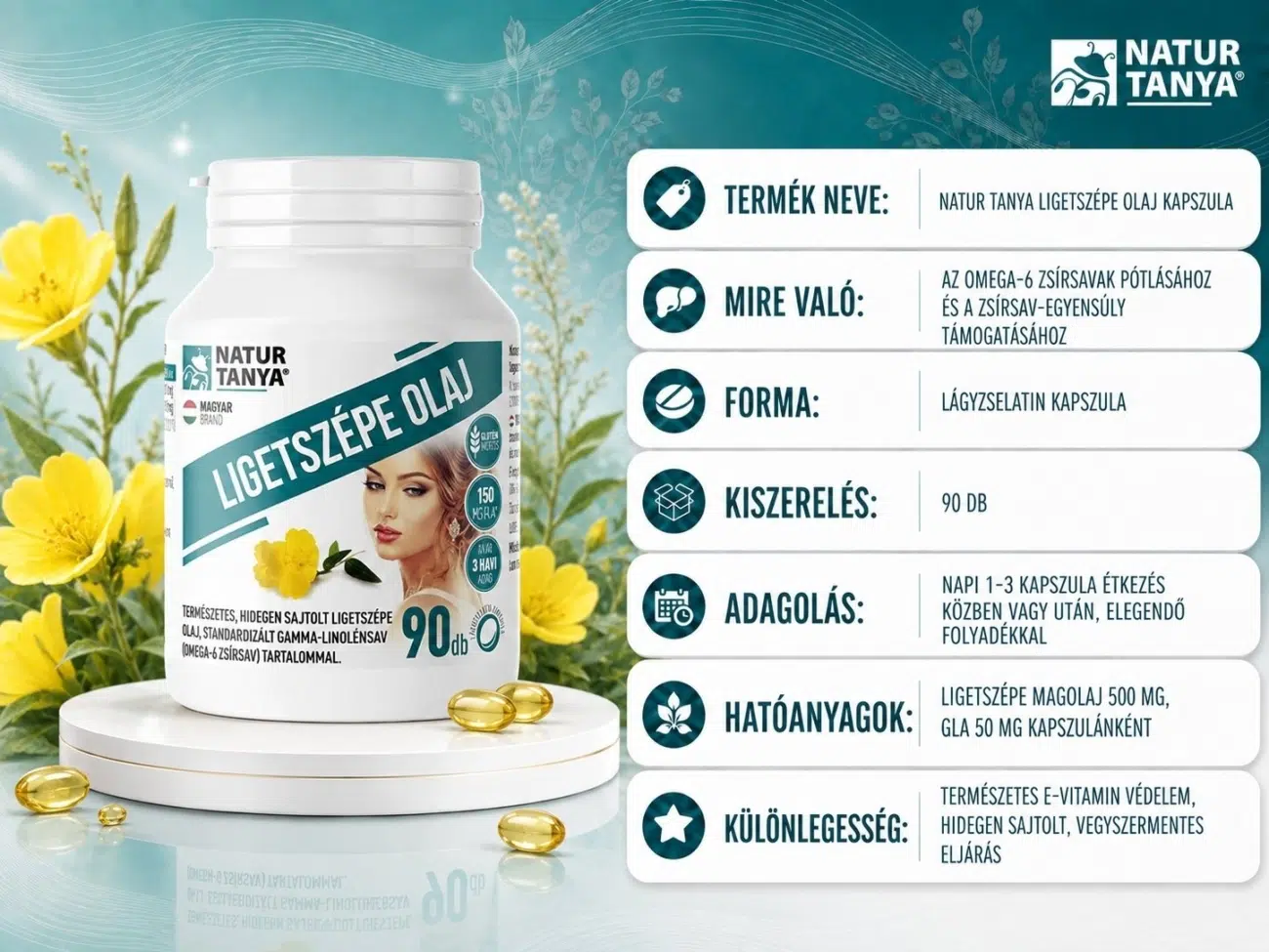 Natur Tanya Ligetszépe olaj 90db kapszula termékinformáció kártya, adagolás, összetevők, hatóanyagok, ligetszépe magolaj 500mg