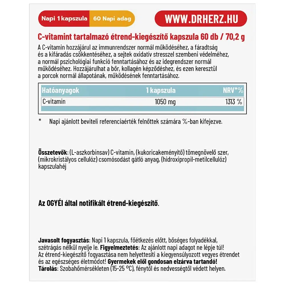 Dr. Herz C-vitamin 1050 mg PURE kapszula - 60db 2 Dr. Herz C-vitamin 1050 mg PURE kapszula - 60db - Image 2