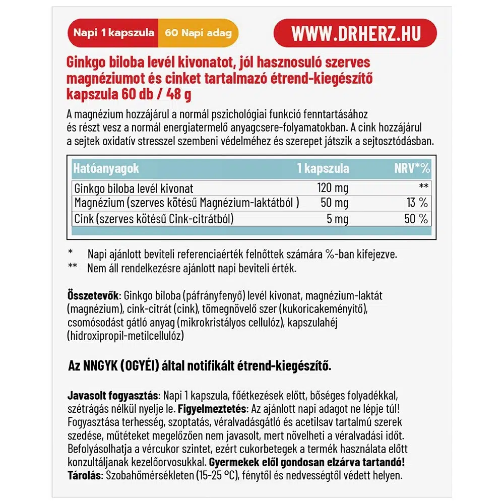 Dr. Herz Ginkgo Biloba Forte 120mg + Szerves Magnézium + Szerves Cink kapszula - 60db 2 Dr. Herz Ginkgo Biloba Forte 120mg + Szerves Magnézium + Szerves Cink kapszula - 60db - Image 2