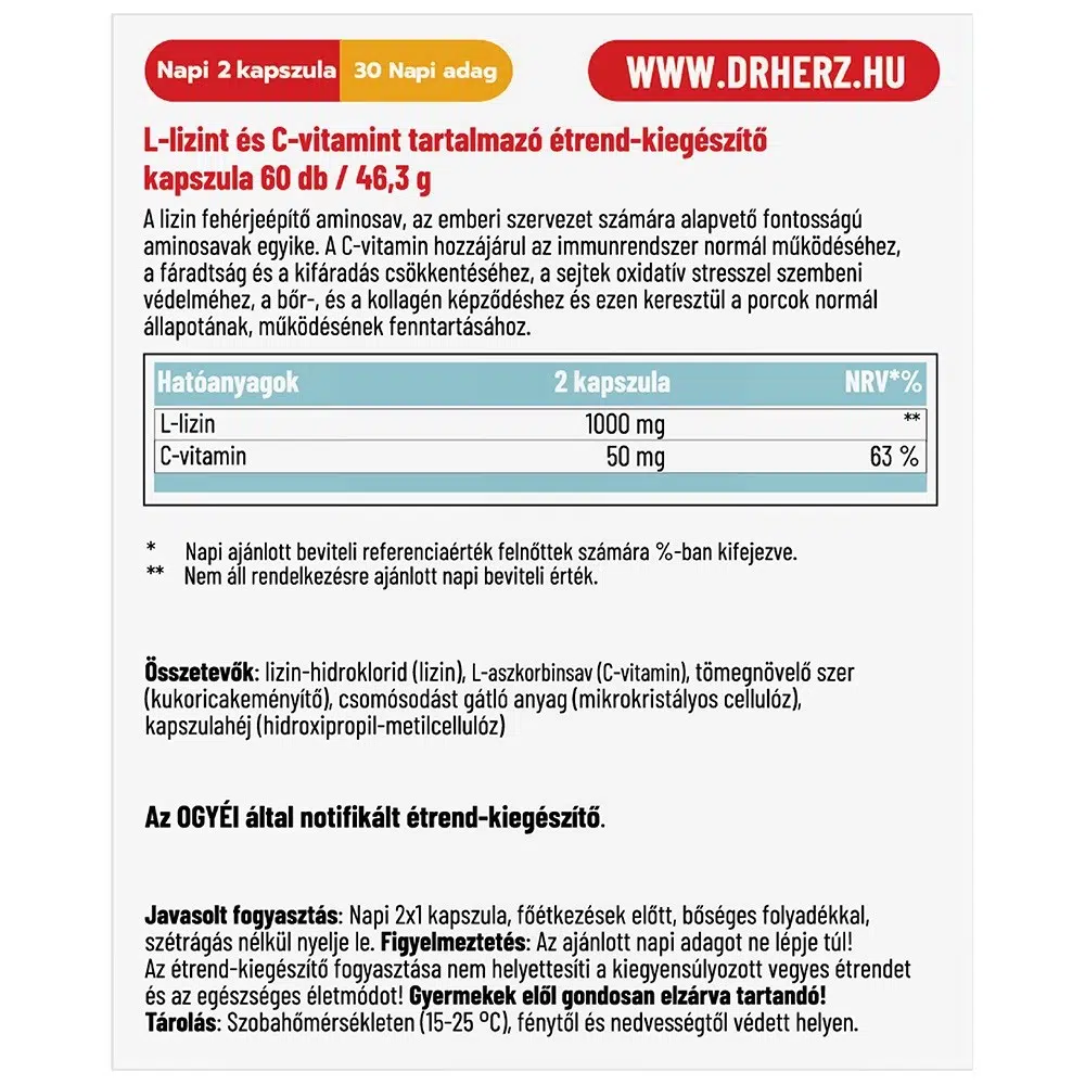 Dr. Herz Lysine - HCL + C-vitamin kapszula - 60db 2 Dr. Herz Lysine - HCL + C-vitamin kapszula - 60db - Image 2