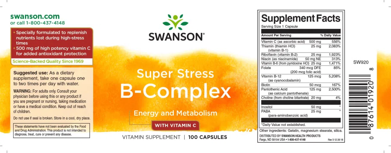 Swanson Super Stress B-Complex kapszula - 100db 2 Swanson Super Stress B-Complex kapszula - 100db - Image 2