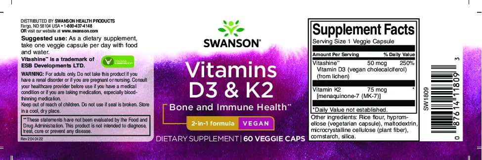 Swanson D3+K2-vitamin kapszula - 60db 2 Swanson D3+K2-vitamin kapszula - 60db - Image 2