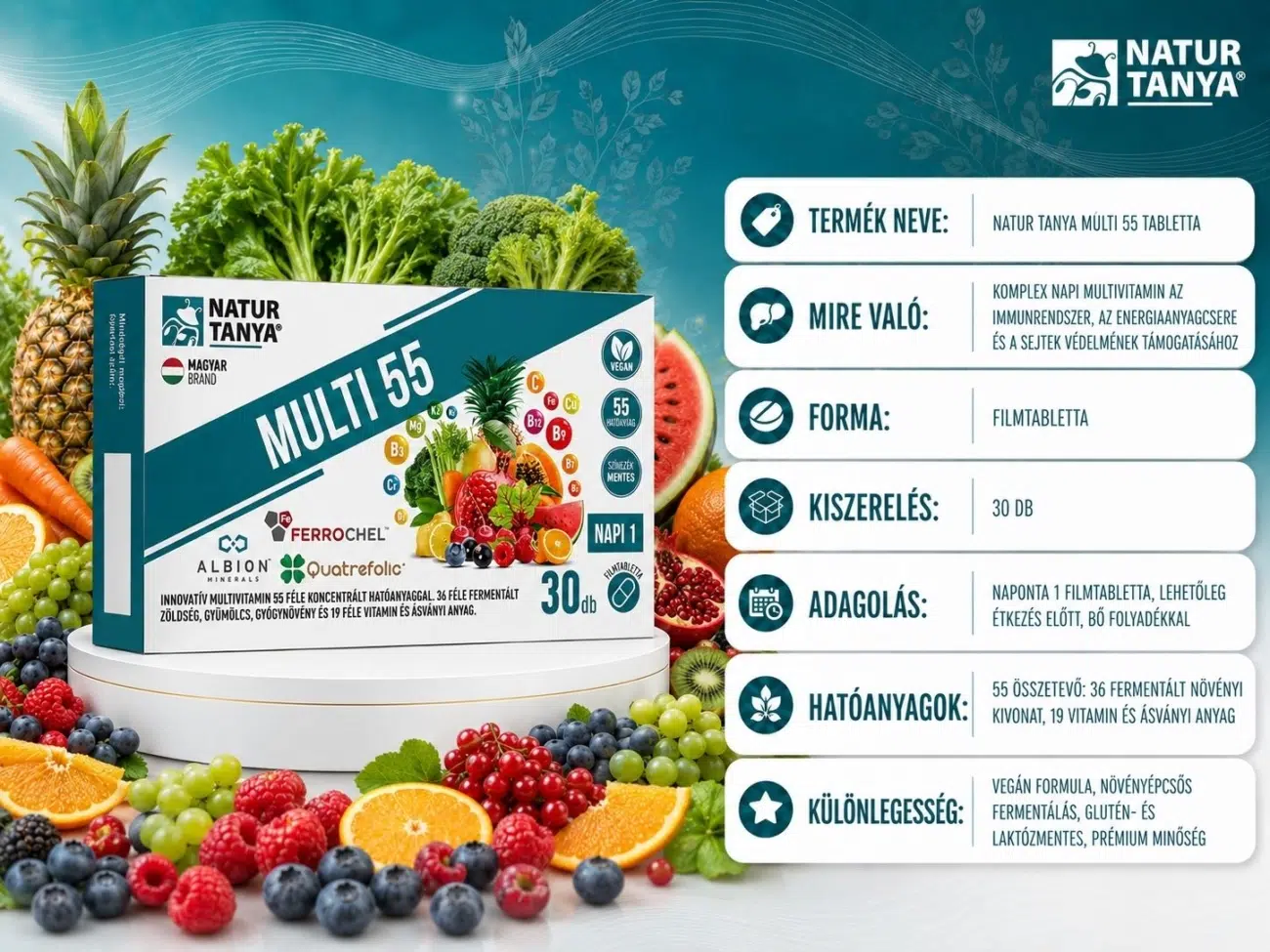 Natur Tanya MULTI 55 tabletta 30db, termékinformáció kártya, adagolás, összetevők, hatóanyagok, A-vitamin 800 μg, C-vitamin 80 mg, Folát 200 μg
