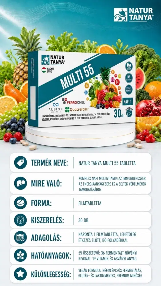 Natur Tanya MULTI 55 tabletta 30db, termékinformáció kártya, adagolás, összetevők, hatóanyagok, A-vitamin 800 μg, C-vitamin 80 mg, Folát 200 μg
