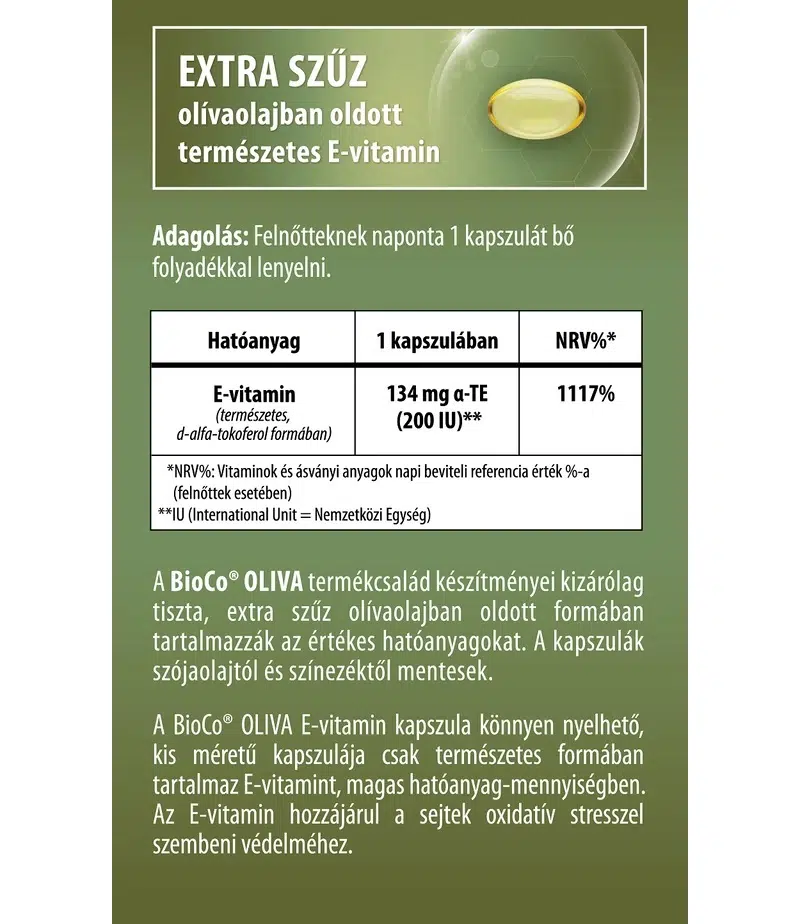 BioCo OLIVA Természetes E-vitamin 200 IU lágyzselatin kapszula - 60db 2 BioCo OLIVA Természetes E-vitamin 200 IU lágyzselatin kapszula - 60db - Image 2
