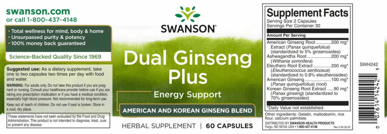Swanson Dual Ginseng (Ginzeng) Plus kapszula - 60db 2 Swanson Dual Ginseng (Ginzeng) Plus kapszula - 60db - Image 2