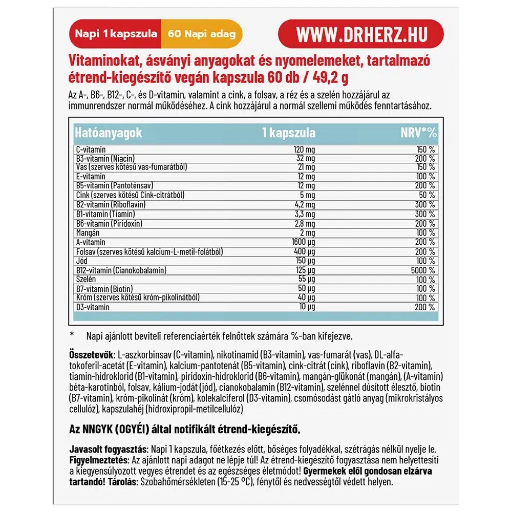 Dr. Herz Vegan Multivitamin komplex kapszula - 60db 2 Dr. Herz Vegan Multivitamin komplex kapszula - 60db - Image 2