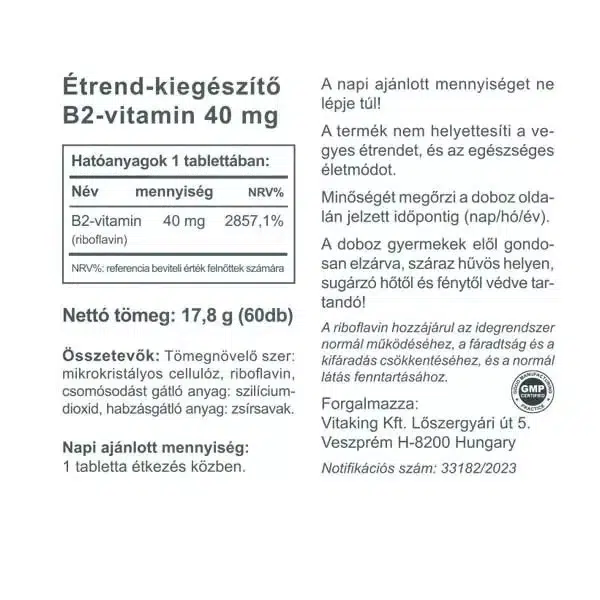 Vitaking B2-vitamin (Riboflavin) tabletta - 60db 2 Vitaking B2-vitamin (Riboflavin) tabletta - 60db - Image 2