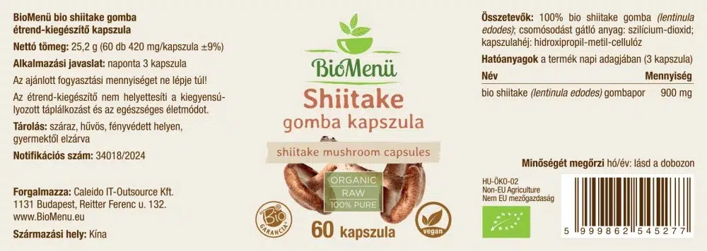 Biomenü Bio Shiitake gomba kapszula - 60db 2 Biomenü Bio Shiitake gomba kapszula - 60db - Image 2