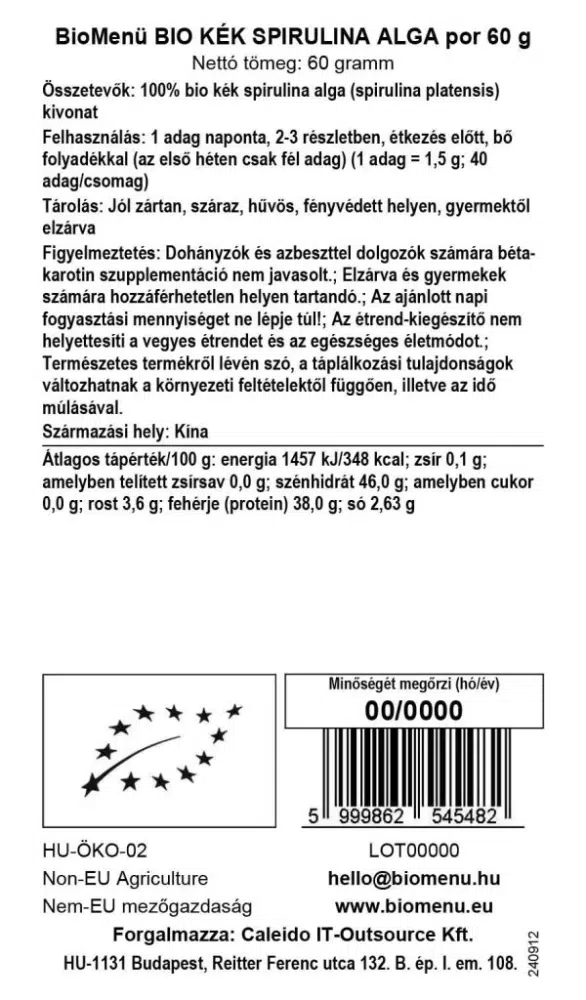 Biomenü Bio Kék Spirulina algapor - 60g 2 Biomenü Bio Kék Spirulina algapor - 60g - Image 2