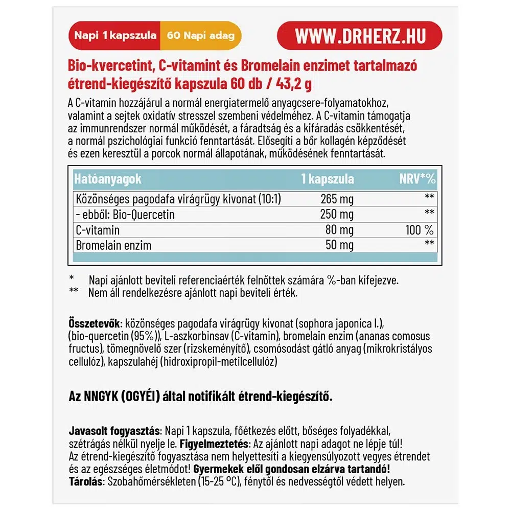 Dr. Herz Quercetin 250mg+C-vitamin+Bromelain enzim kapszula - 60db 2 Dr. Herz Quercetin 250mg+C-vitamin+Bromelain enzim kapszula - 60db - Image 2