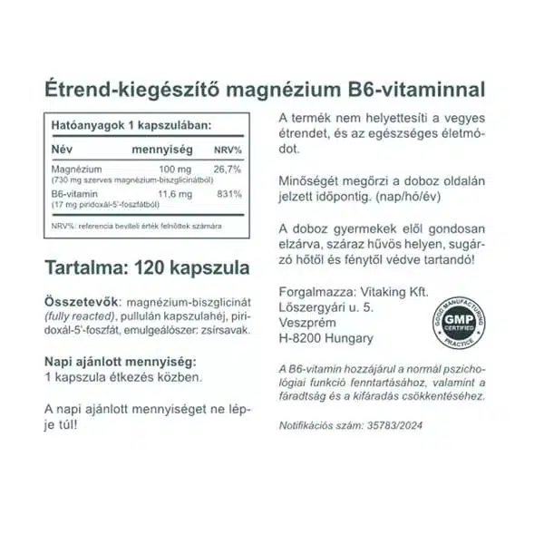 Vitaking Magnézium Biszglicinát + P5P (B6-vitamin) kapszula - 120db 2 Vitaking Magnézium Biszglicinát + P5P (B6-vitamin) kapszula - 120db - Image 2