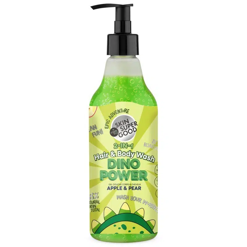 Skin Super Good Dino Power 2 az 1-ben sampon és tusfürdő almával és körtével - 500ml 1 Skin Super Good Dino Power 2 az 1-ben sampon és tusfürdő almával és körtével - 500ml