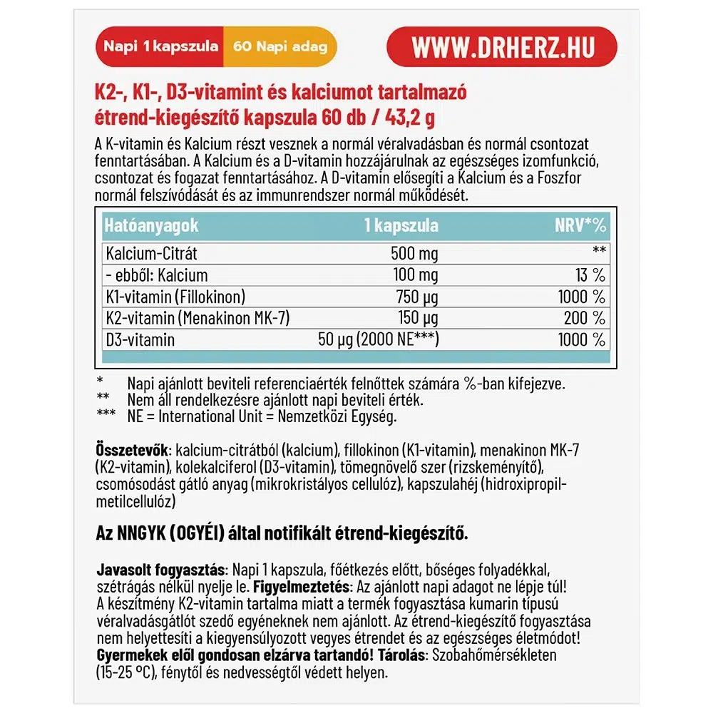 Dr. Herz K2-vitamin+K1+D3+Kálcium kapszula - 60db 2 Dr. Herz K2-vitamin+K1+D3+Kálcium kapszula - 60db - Image 2