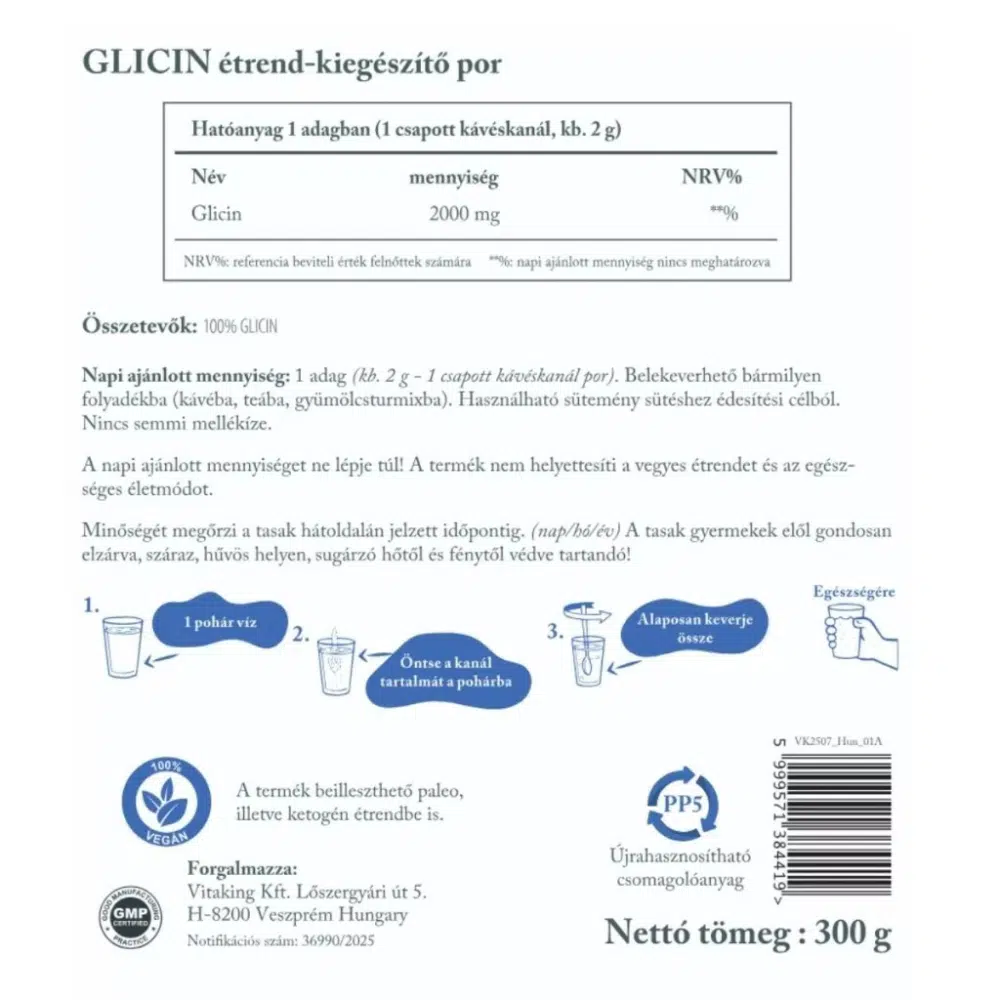 Vitaking Glicin TASAKOS italpor - 300g 2 Vitaking Glicin TASAKOS italpor - 300g - Image 2