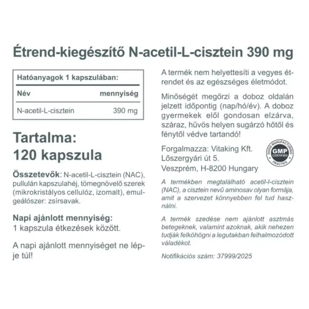 Vitaking NAC-390 N-Acetil L-Cisztein immunerősítő és nyákoldó kapszula - 120db 2 Vitaking NAC-390 N-Acetil L-Cisztein immunerősítő és nyákoldó kapszula - 120db - Image 2