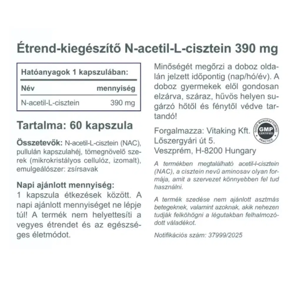 Vitaking NAC-390 N-Acetil L-Cisztein immunerősítő és nyákoldó kapszula - 60db 2 Vitaking NAC-390 N-Acetil L-Cisztein immunerősítő és nyákoldó kapszula - 60db - Image 2