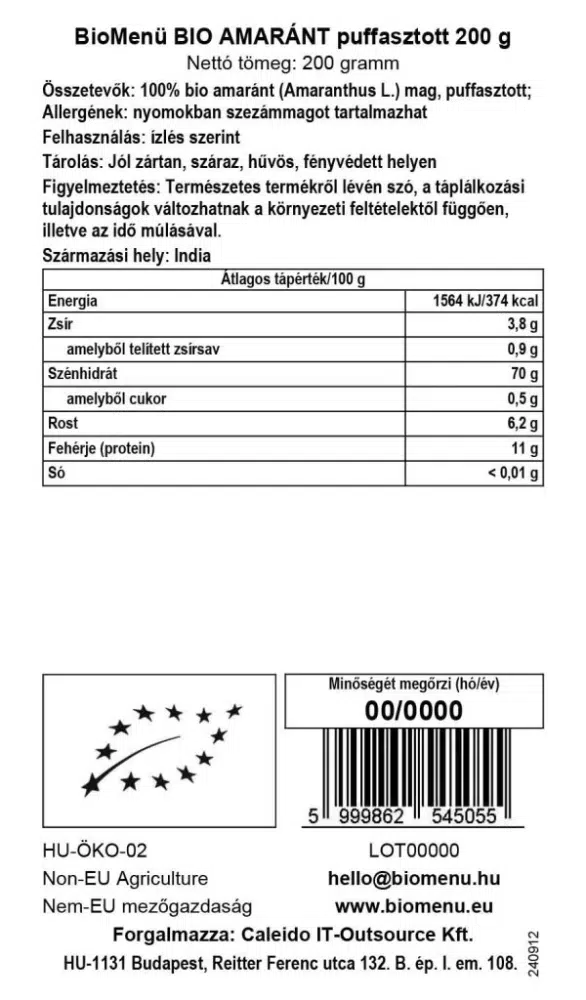 Biomenü bio Amaránt puffasztott 200g 2 Biomenü bio Amaránt puffasztott 200g - Image 2