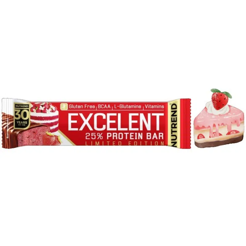NUTREND Excelent 25% protein bar-fehérje szelet Strawberry Cake - 85g 1 NUTREND Excelent 25% protein bar-fehérje szelet Strawberry Cake 85g
